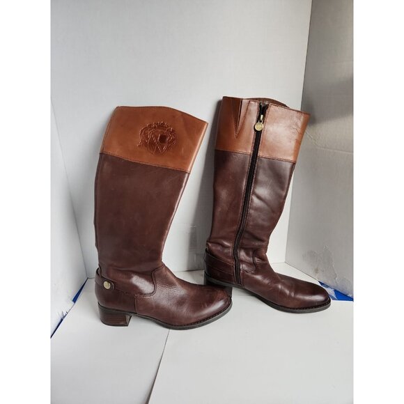 Franco Sarto Chipper Tall Black Brown Leather Riding Boots 7 Embossed Crest - Picture 1 of 7